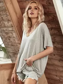 SHEIN LUNE Space Dye V-neck Batwing Sleeve Tee - Grey - View 4