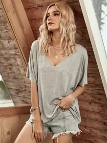 SHEIN LUNE Space Dye V-neck Batwing Sleeve Tee - Grey - View 6