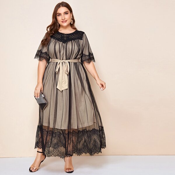 

Plus Eyelash Lace Trim Mesh Overlay Belted Dress, Multicolor