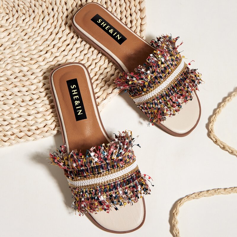 

Open Toe Fringe Trim Sliders, Multicolor