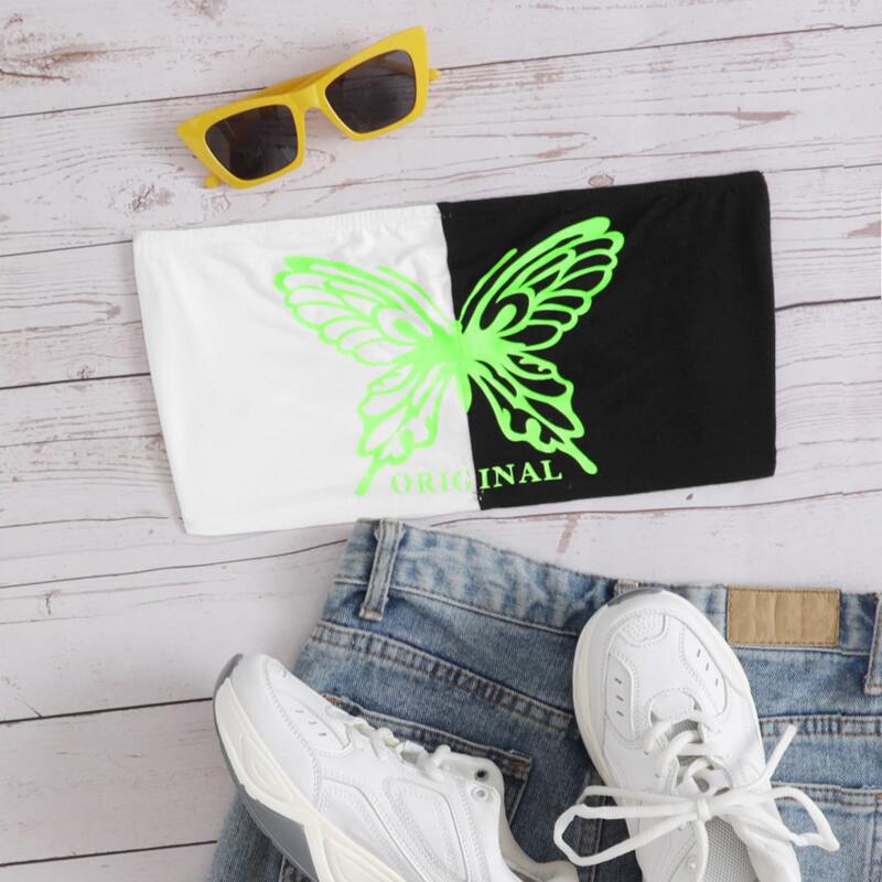 

Butterfly & Letter Print Spliced Tube Top, Black and white