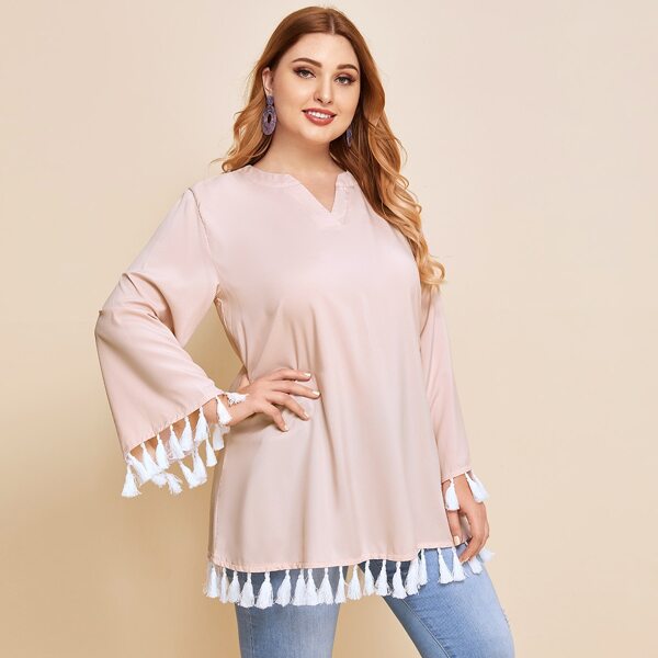 

Plus Notch Neck Fringe Hem Blouse, Beige
