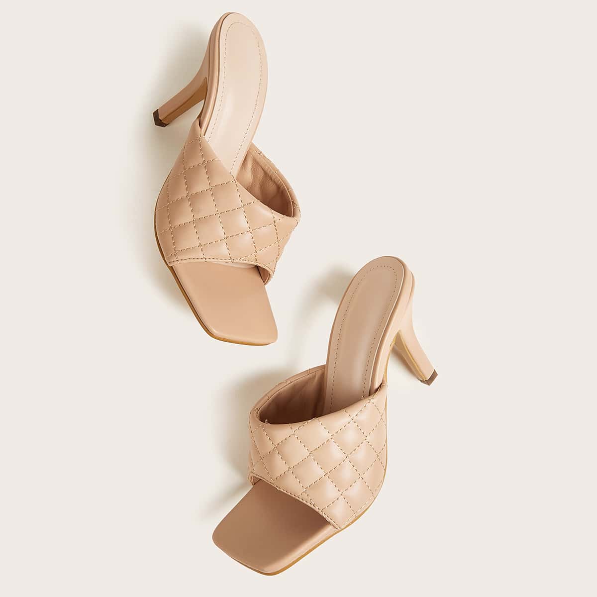 

Open Toe Quilted Stiletto Heeled Mules, Khaki