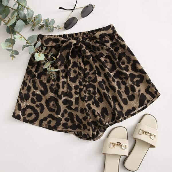 

Leopard Print Tie Waist Shorts, Multicolor