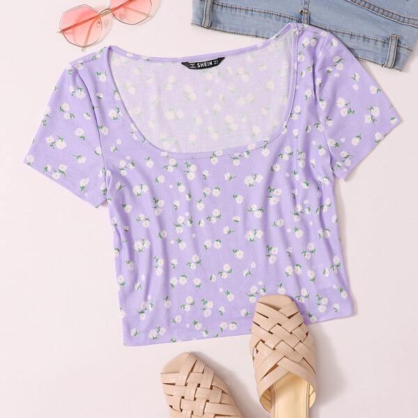 

Ditsy Floral Rib-knit Crop Top, Lilac purple