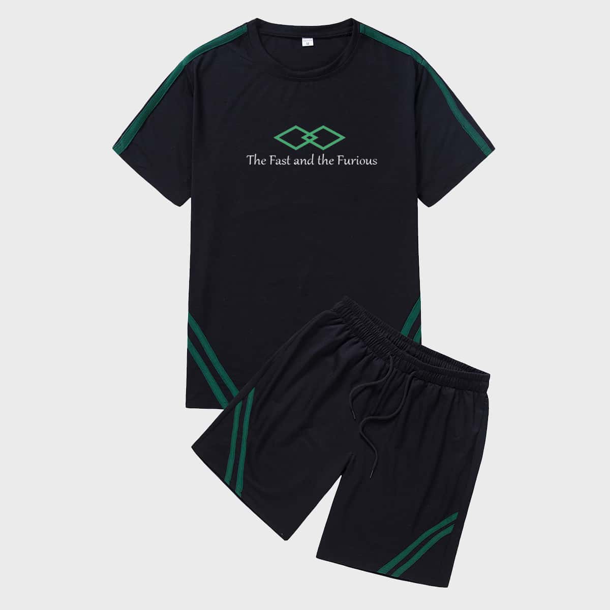 

Guys Slogan And Geo Graphic Tee With Track Shorts, Black