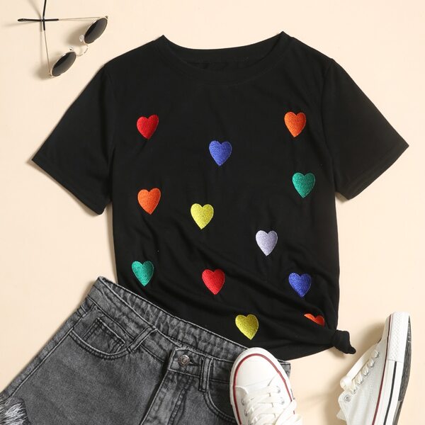 

Футболка с коротким рукавом и вышивкой сердечка, Чёрный