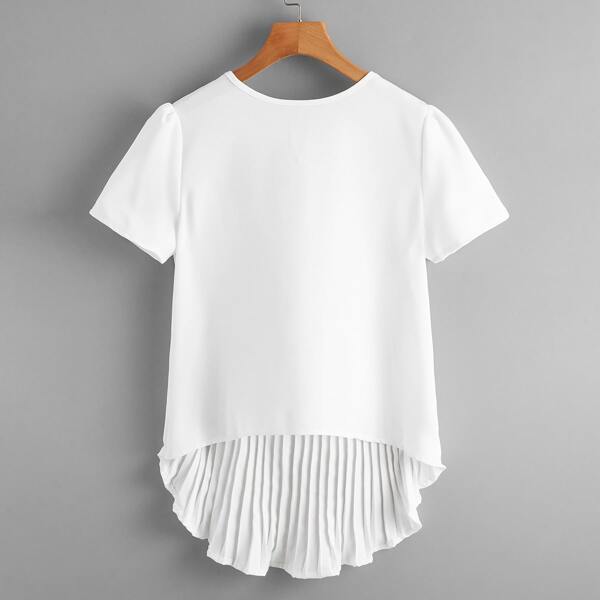 

Pleated High Low Hem Solid Blouse, White