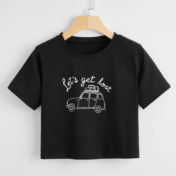 

Slogan & Cartoon Graphic Tee, Black