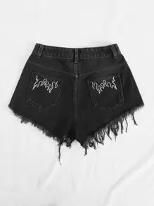 Breezaya Raw Hem Embroidery Denim Shorts - Black - View 1