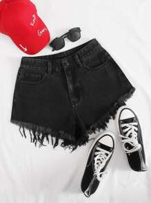 Breezaya Raw Hem Embroidery Denim Shorts - Black - View 2