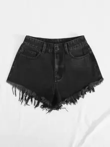 Breezaya Raw Hem Embroidery Denim Shorts - Black - View 3