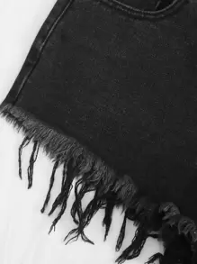 Breezaya Raw Hem Embroidery Denim Shorts - Black - View 5