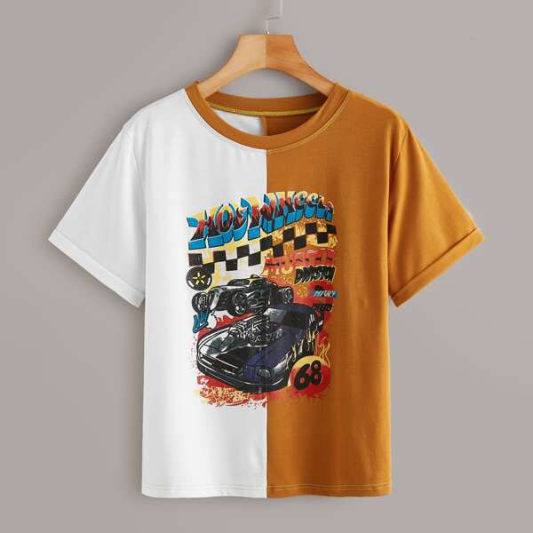 

Plus Color-block Car And Letter Graphic Tee, Multicolor