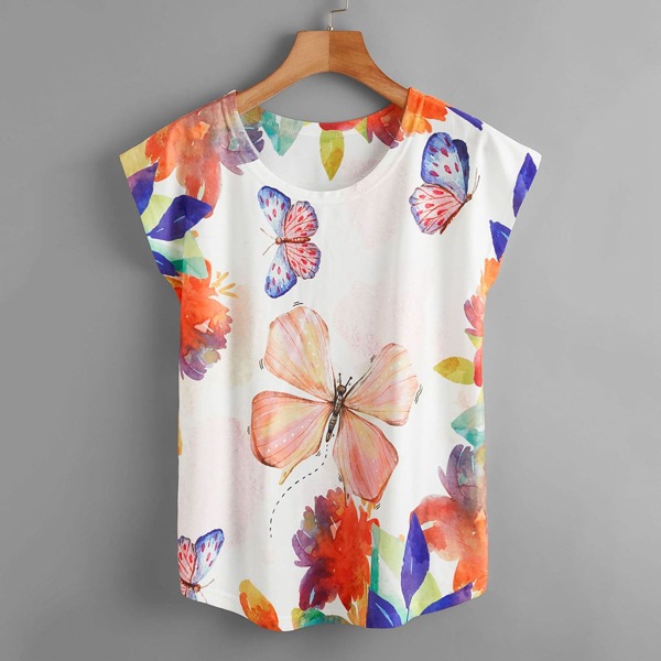 

Plus Batwing Sleeve Butterfly Print Tee, Multicolor