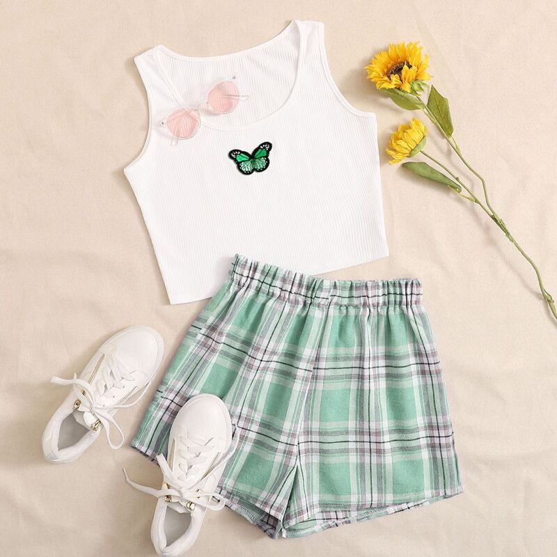 

Butterfly Embroidery Tank & Plaid Shorts, Multicolor