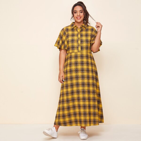 

Plus Flutter Sleeve Buffalo Plaid Shirt Dress, Mustard yellow