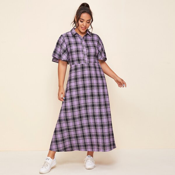 

Plus Flutter Sleeve Buffalo Plaid Shirt Dress, Lilac purple