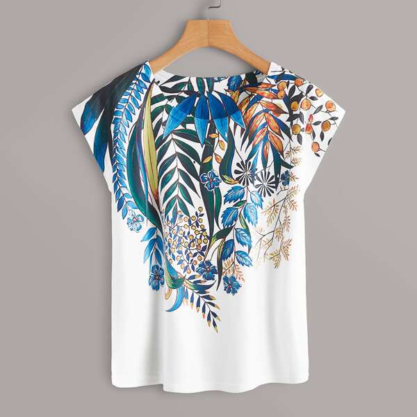 

Plus Batwing Sleeve Plants Print Tee, Multicolor