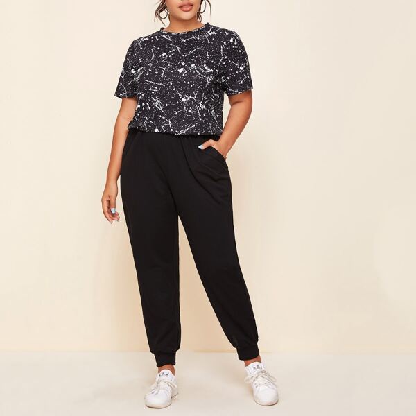 

Plus Letter Tape Neck Splash Tee and Joggers Set, Black