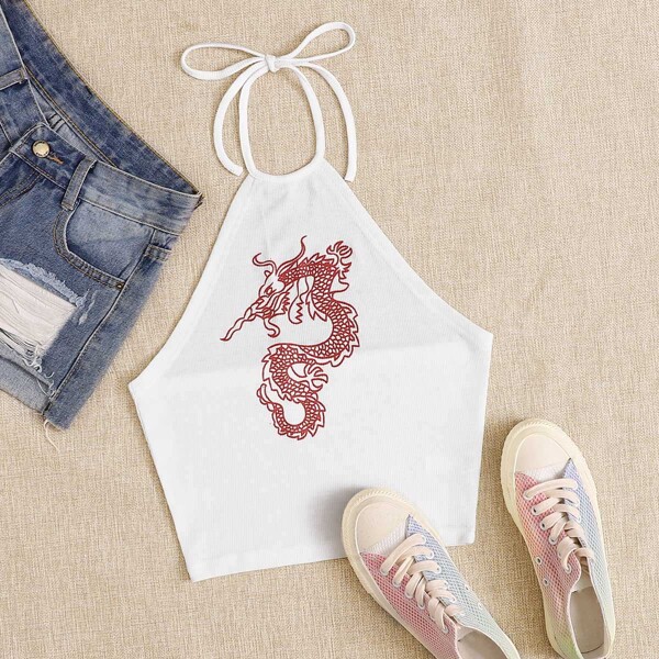 

Plus Dragon Print Knot Halter Top, White