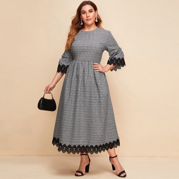 

Plus Guipure Lace Trim Bell Sleeve Glen Plaid Dress, Grey