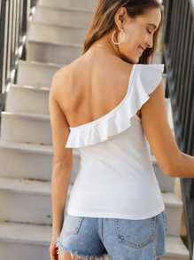 SHEIN Privé One Shoulder Ruffle Trim Top - White - View 2
