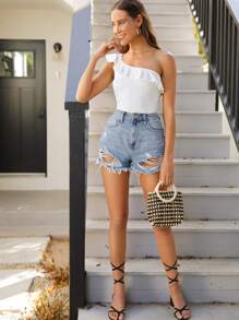 SHEIN Privé One Shoulder Ruffle Trim Top - White - View 5