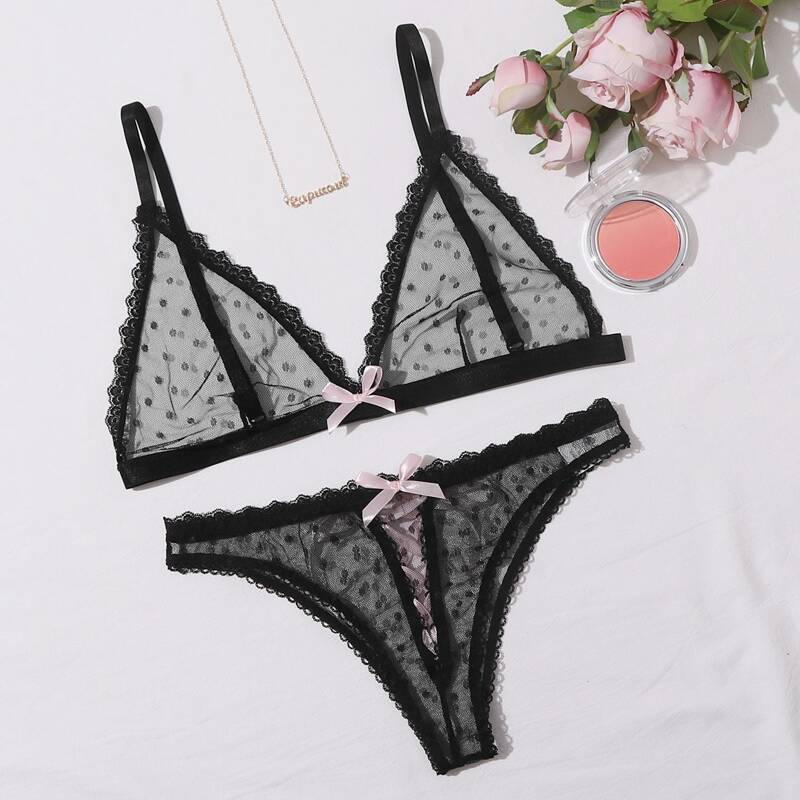 

Polka Dot Lace Lingerie Set, Black