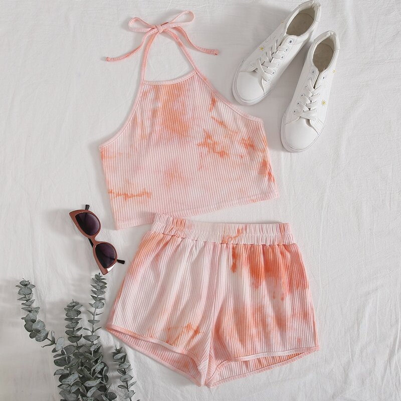 

Tie Dye Halter Top & Shorts, Coral pink