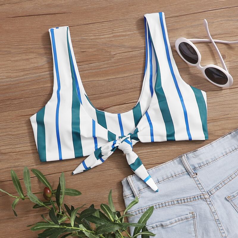 

Striped Knot Front Bikini Top, Multicolor