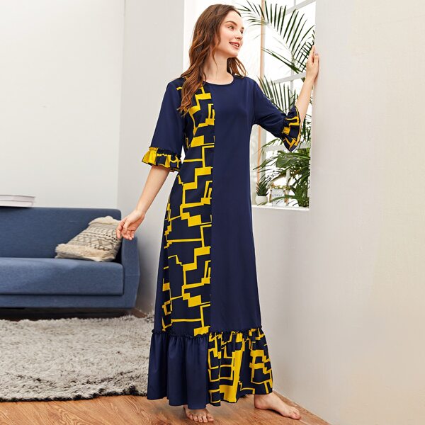 

Contrast Geo Flounce Sleeve Dress, Navy blue
