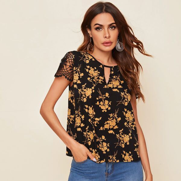 

Keyhole Neck Guipure Lace Sleeve Top, Black