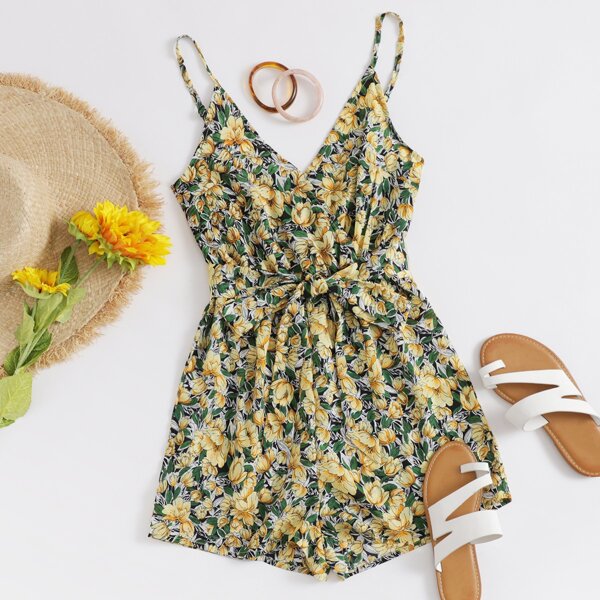 

Allover Floral Print Surplice Neck Self Belted Cami Romper, Multicolor