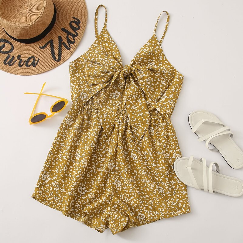 

Ditsy Floral Tie Front Cami Romper, Mustard yellow