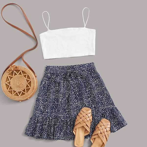 

Crop Cami Top and Dalmatian Print Self Belted Skirt Set, Multicolor