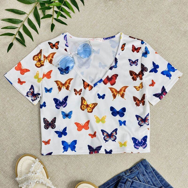 

Butterfly Print Crop Top, White