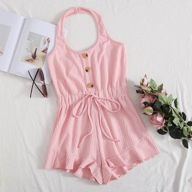 

Pink Button Front Halter Romper, Baby pink