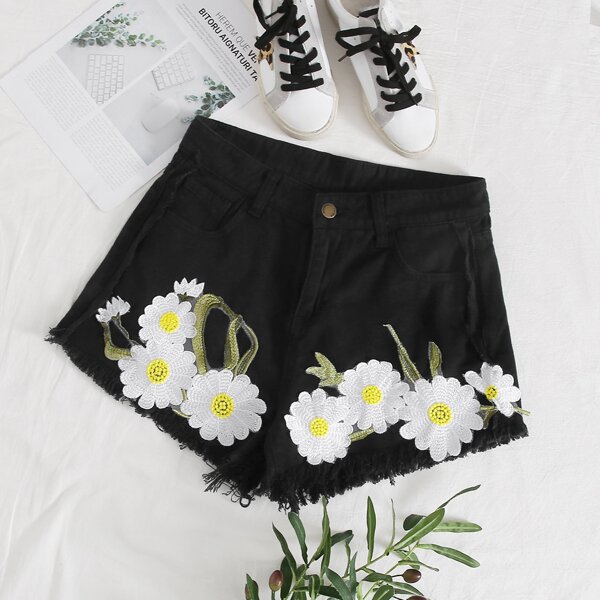 

Raw Hem Floral Embroidery Denim Shorts, Black