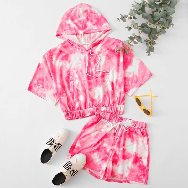 

Tie Dye Kangaroo Pocket Drawstring Hoodie & Track Shorts, Multicolor