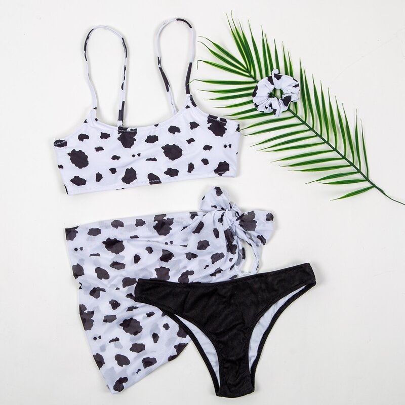 

3pack Cow Print Bikini Swimsuit With Beach Skirt, Black and white