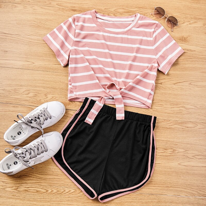 

Striped Knot Hem Tee & Dolphin Shorts, Multicolor