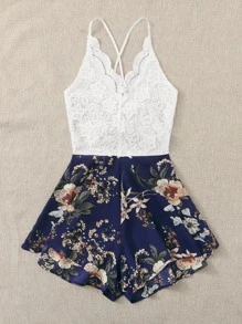 SHEIN Holidaya Plus Contrast Lace Floral Print Cami Romper - Multicolor - View 3
