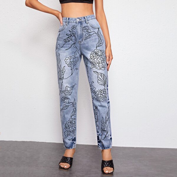 

High Waisted Slant Pocket Floral Print Jeans, Light wash