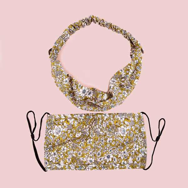 

2pcs Flower Pattern Face Mask & Hair Hoop, Ginger