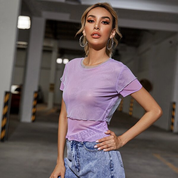 

Lettuce Trim 2 In 1 Sheer Mesh Top, Lilac purple
