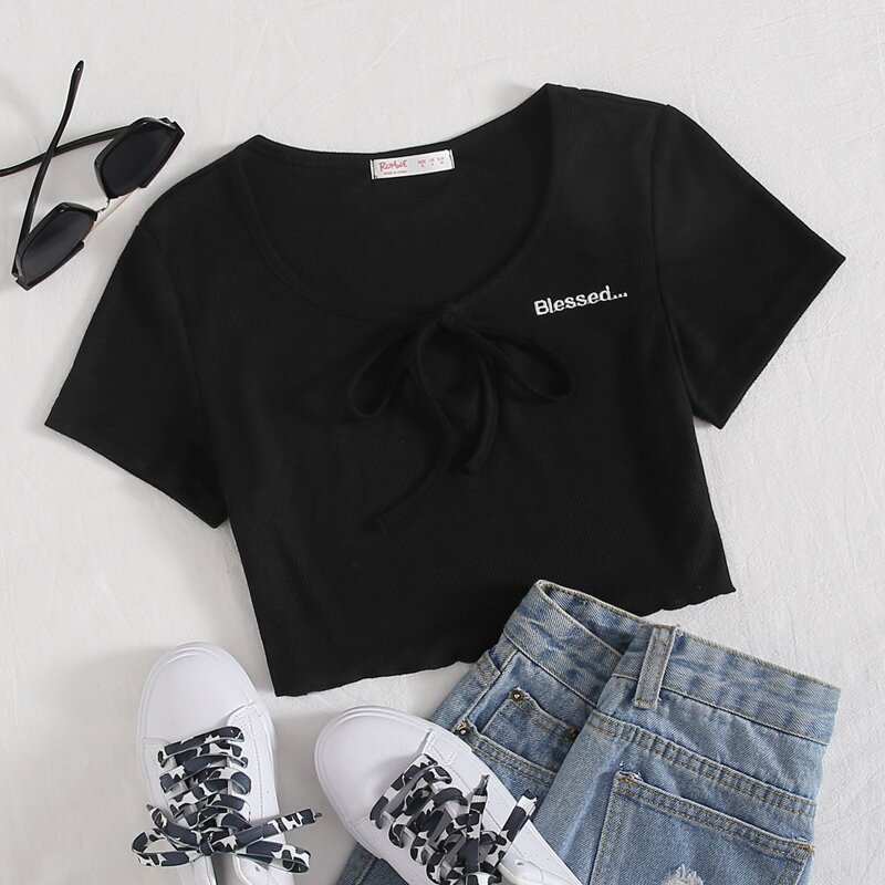 

Letter Embroidery Tie Crop Tee, Black