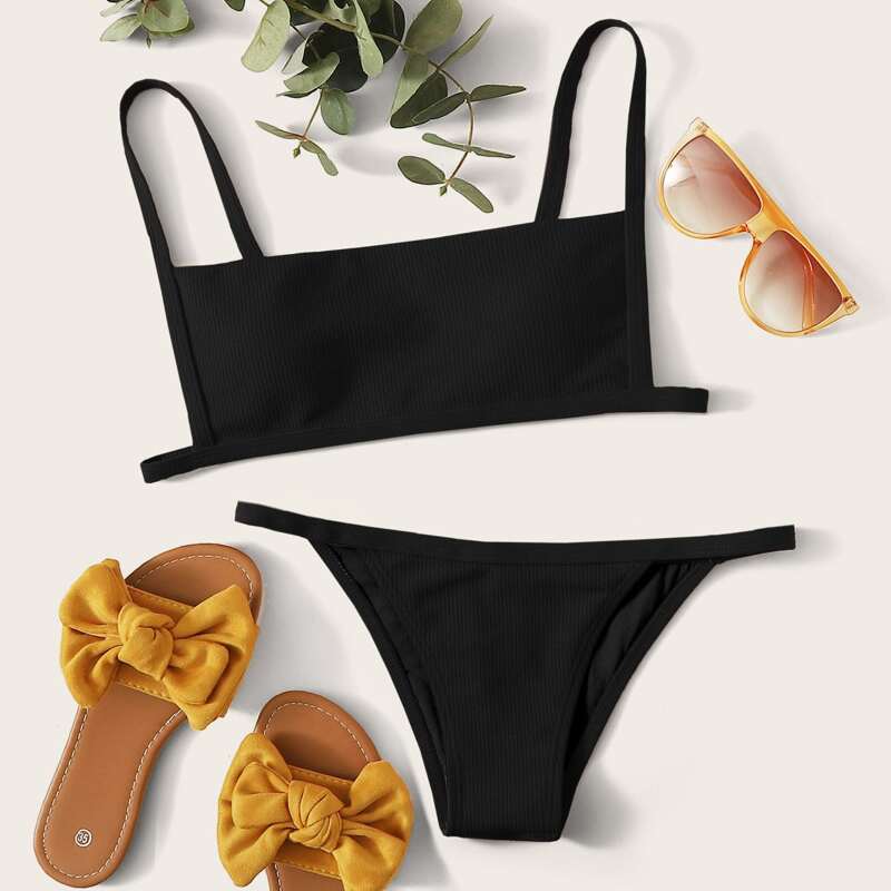 

Rib Tanga Bikini Swimsuit, Black