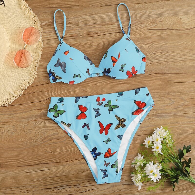 

Butterfly Print Underwire High Waisted Bikini Swimsuit, Blue