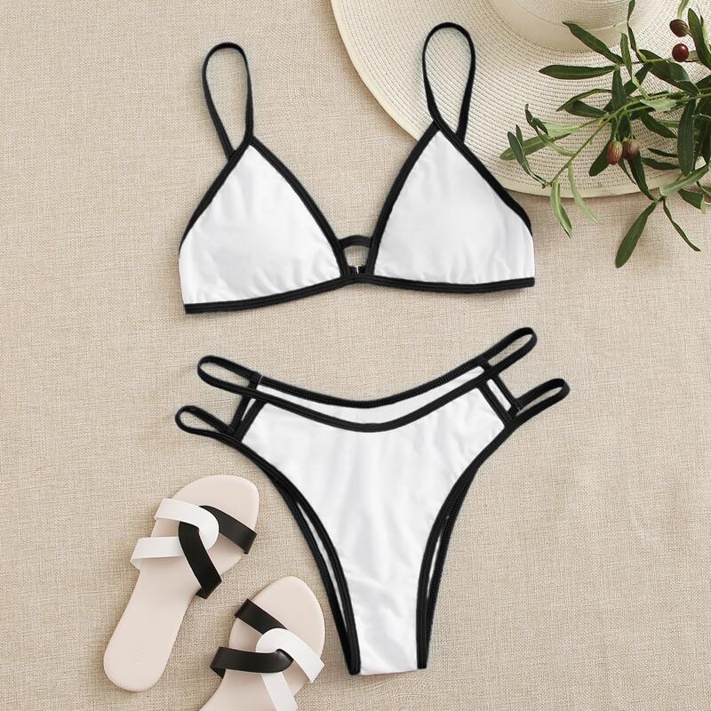 

Contrast Binding Cut-out Bikini Swimsuit, White
